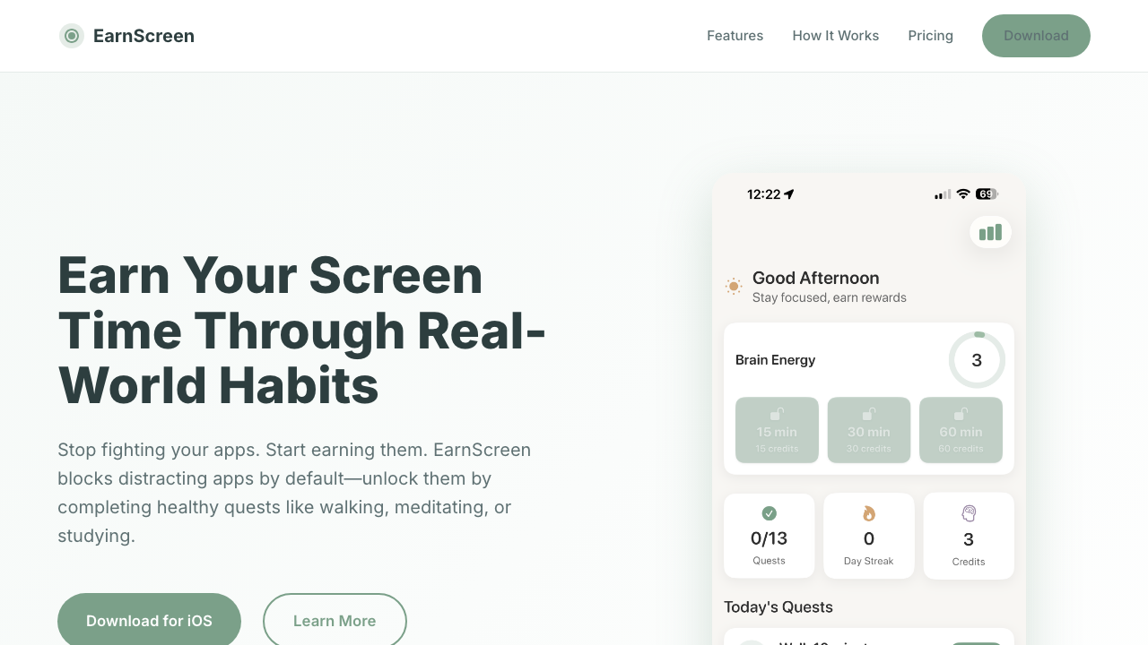 EarnScreen iOS app interface